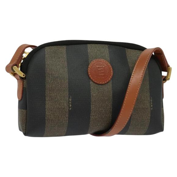 FENDI Pecan Canvas Shoulder Bag Pvc Brown Black Gold - Picture 1 of 12